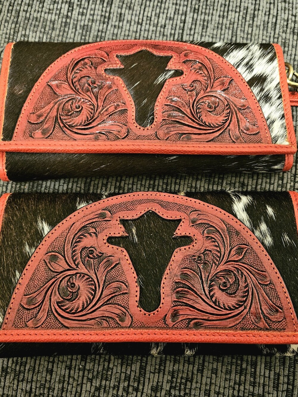 Red Tooled Leather & Cowhide Wristlet Clutch/Crossbody